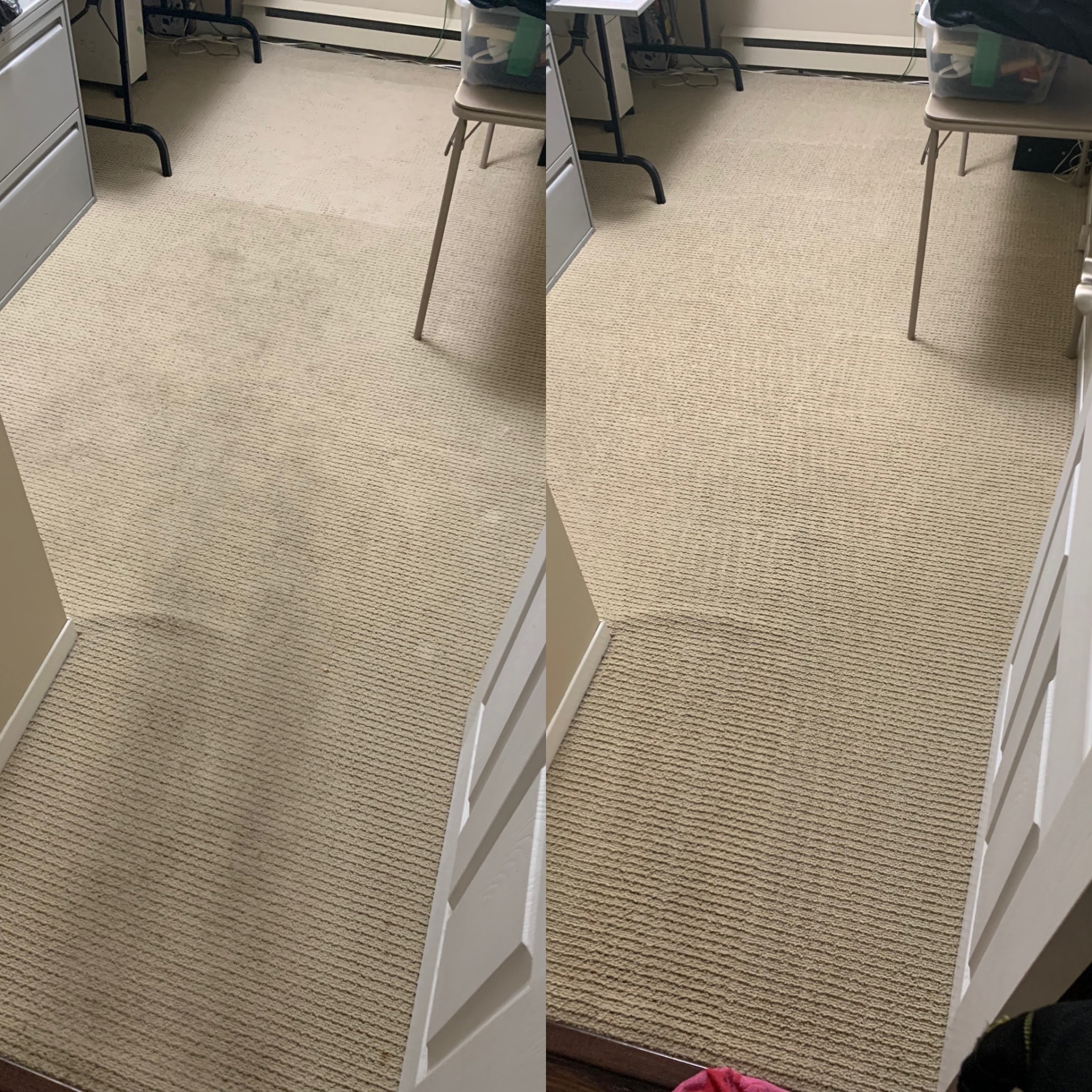 before and after pictures of a cleaned white carpet