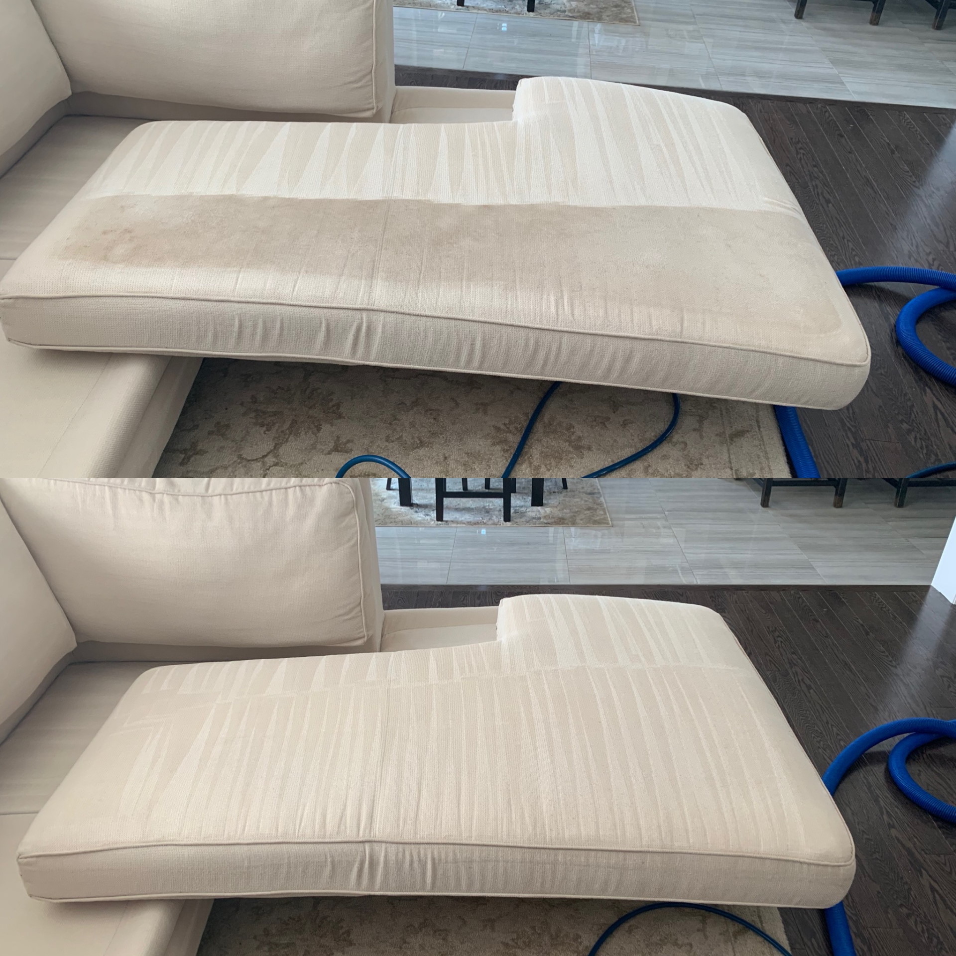 before and after pictures of cleaned white couch cushions